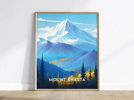 Framed poster of Mount Shasta features a stylized depiction of the snow-capped peak, blue mountains, and vibrant forest, with Mount Shasta, California text at the bottom.