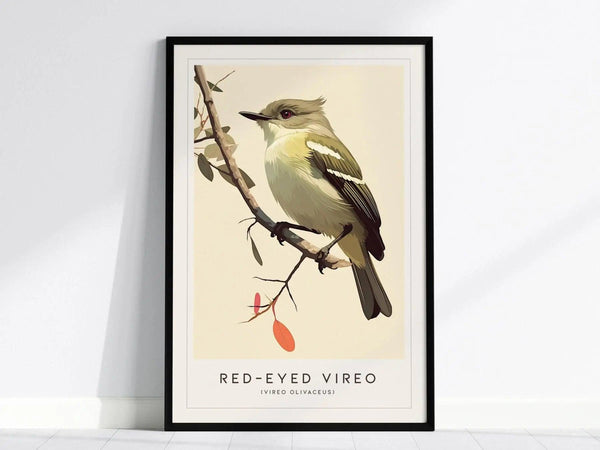 A framed poster showcases a Red-Eyed Vireo perched on a branch, highlighting its olive-green plumage and red eyes. The background is a soft beige, enhancing the birds colors.