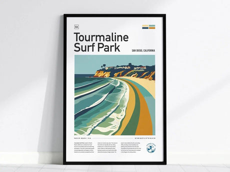 Framed poster featuring vibrant, minimalist artwork of Tourmaline Surf Park in San Diego, California, showcasing the beach and ocean waves with colorful coastal cliffs.