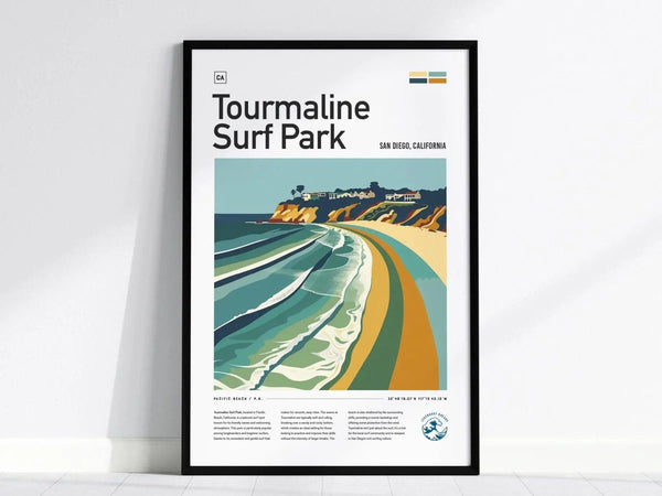 Framed poster featuring vibrant, minimalist artwork of Tourmaline Surf Park in San Diego, California, showcasing the beach and ocean waves with colorful coastal cliffs.