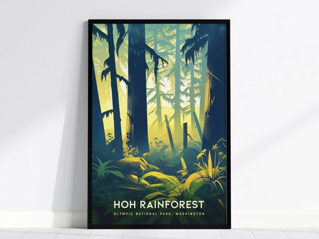 A framed poster of the Hoh Rainforest features stylized trees and foliage in shades of green and yellow, with the text Hoh Rainforest, Olympic National Park, Washington at the bottom.