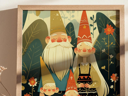 Gnome Family Portrait Framed Wall Art Cute Garden Gnomes Poster Print Hippie Folklore Cottagecore Mushroom Fantasy Forest Farm House Decor