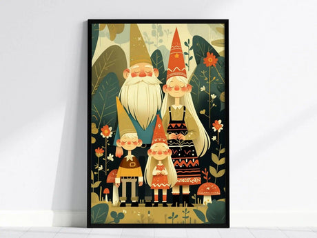 Whimsical illustration of a gnome family of four standing in a lush forest, surrounded by colorful flowers and greenery. The artwork features playful details and warm colors in a black.