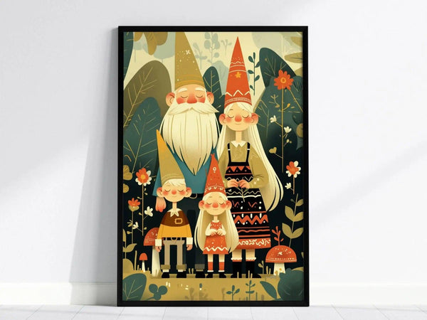 Whimsical illustration of a gnome family of four standing in a lush forest, surrounded by colorful flowers and greenery. The artwork features playful details and warm colors in a black.