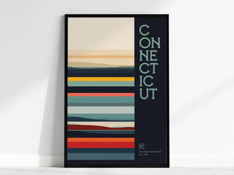Framed poster featuring abstract horizontal stripes in various colors with the word CONNECTICUT vertically on the right. The design includes The Constitution State Est. 1788 text below.