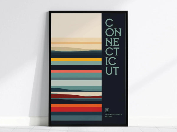 Framed poster featuring abstract horizontal stripes in various colors with the word CONNECTICUT vertically on the right. The design includes The Constitution State Est. 1788 text below.