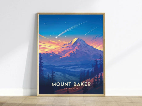 A framed poster of Mount Baker features a colorful depiction of the mountain with a sunset sky, shooting stars, and forested foothills. The text reads Mount Baker, Washington.