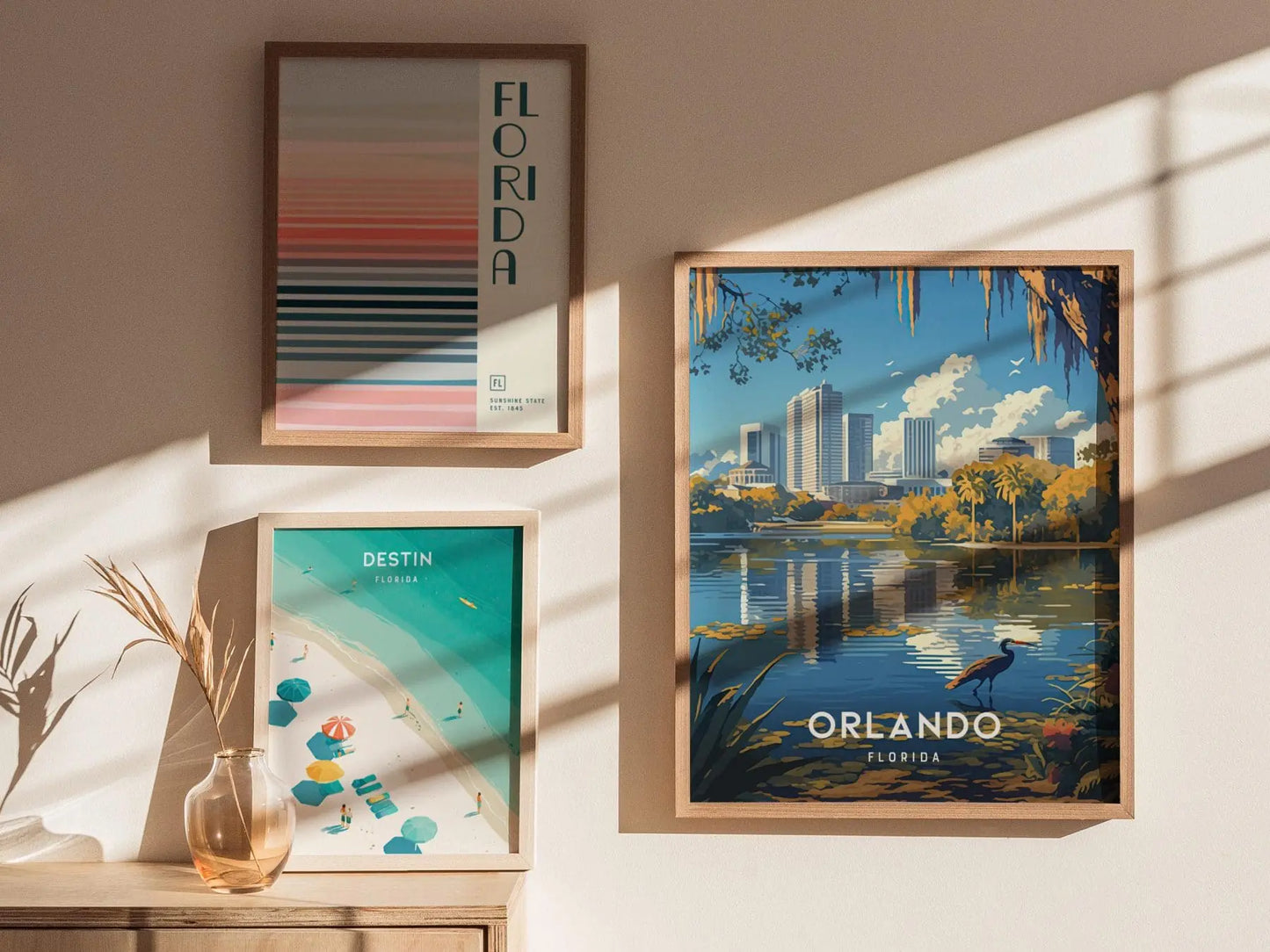 Orlando, Florida - Scenic Lake Eola Downtown Art Poster Design Central FL Travel Print Home Rental Modern Impressionist Artwork Gift Set