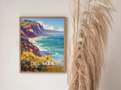 Del Mar California Framed Poster, San Diego Wall Art, SoCal Travel Print, Torrey Pines La Jolla Beach House Modern Scenic Nature Decor Gift