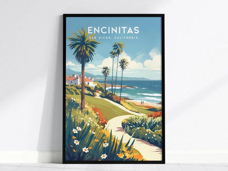 Framed poster featuring a scenic coastal view of Encinitas, California, with palm trees, a winding path, and ocean waves under a blue sky.