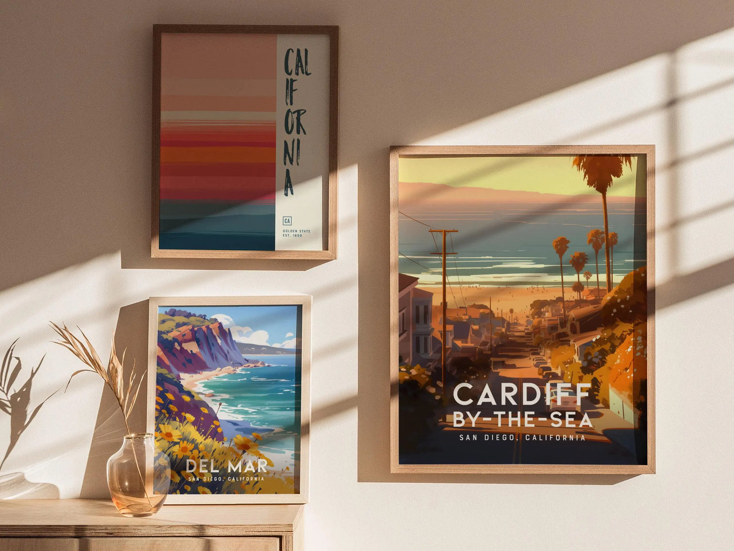 Cardiff By The Sea California Framed Poster, San Diego Wall Art, SoCal Travel Print, Beach Cottage House Modern Design Scenic Ocean Gift