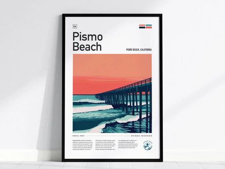 Framed poster of Pismo Beach featuring a silhouette of the pier against a vibrant orange sunset. The minimalist design highlights waves and sky, capturing the coastal charm of California.