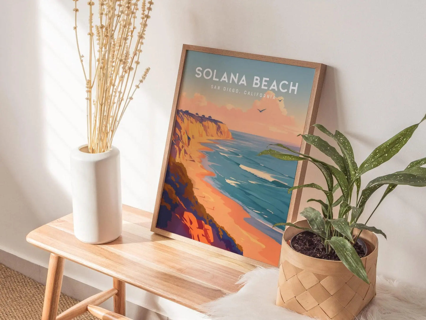 Solana Beach California Framed Poster, North County San Diego Wall Art, SoCal Travel Print, Beach Cottage Modern Scenic Coastal Ocean Gift