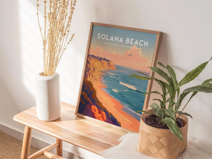 Solana Beach California Framed Poster, North County San Diego Wall Art, SoCal Travel Print, Beach Cottage Modern Scenic Coastal Ocean Gift