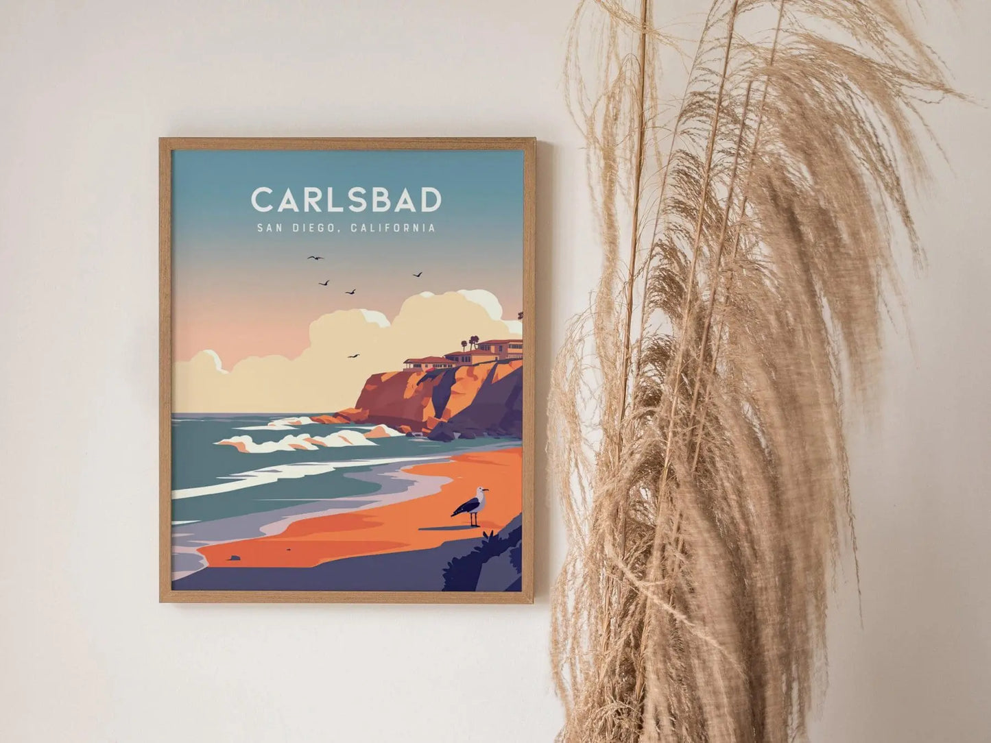 Carlsbad California Framed Poster, North County San Diego Wall Art, SoCal Travel Print, Beach House Modern Coastal Nature Ocean Sea Gift