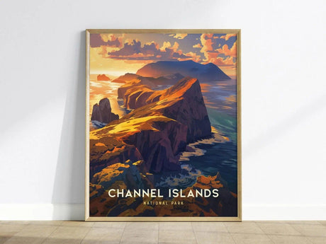 Framed poster depicting the Channel Islands with dramatic cliffs and vibrant sunset skies, set against calm ocean waters. The artwork highlights the natural beauty and tranquility of the park.
