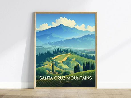 A framed poster depicts the Santa Cruz Mountains with vibrant green vineyards and dramatic blue peaks under a bright sky. The text reads Santa Cruz Mountains, California.