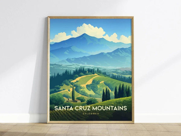 A framed poster depicts the Santa Cruz Mountains with vibrant green vineyards and dramatic blue peaks under a bright sky. The text reads Santa Cruz Mountains, California.