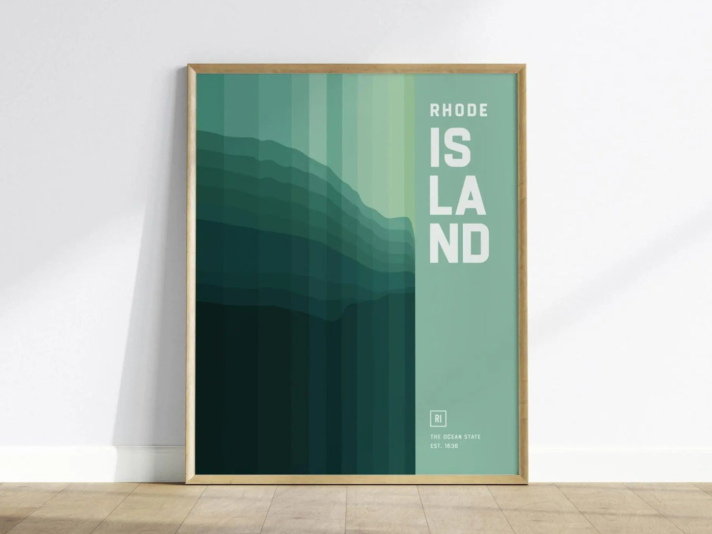 Rhode Island, The Ocean State Poster - Abstract Coastline Design, Framed/Unframed, Ideal for Coastal Home Decor and Modern Farmhouse Decor