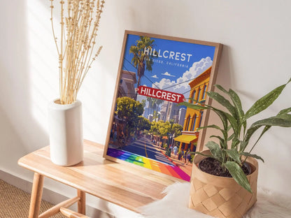 Hillcrest San Diego California Framed Poster, LGBTQ Pride Wall Art, SoCal Travel Print, Downtown SD CA Rainbow Gay Fabulous City Modern Gift