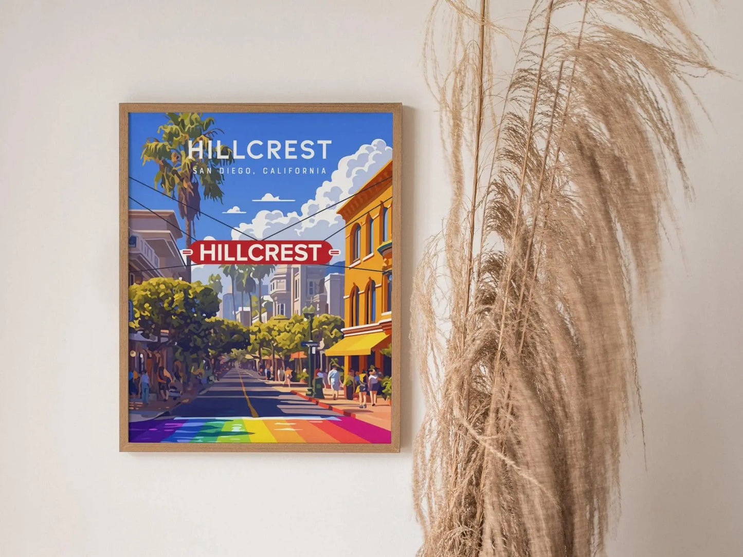 Hillcrest San Diego California Framed Poster, LGBTQ Pride Wall Art, SoCal Travel Print, Downtown SD CA Rainbow Gay Fabulous City Modern Gift