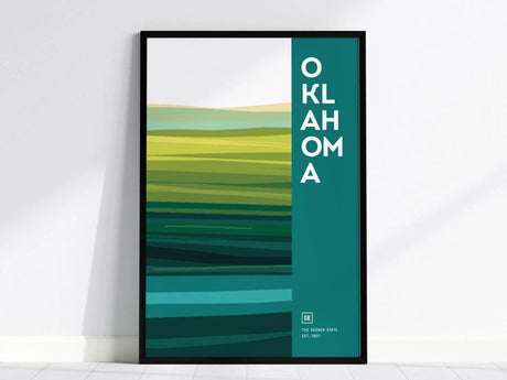Abstract poster featuring layered green and yellow stripes resembling a landscape, with OKLAHOMA in bold white text on the right against a teal background.