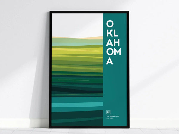 Abstract poster featuring layered green and yellow stripes resembling a landscape, with OKLAHOMA in bold white text on the right against a teal background.