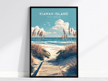 Framed poster depicting Kiawah Island, South Carolina, features a scenic beach with a wooden path, sea oats, ocean waves, and birds in the sky under fluffy clouds.