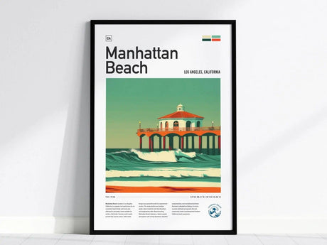 Framed poster featuring a stylized illustration of Manhattan Beach Pier with waves beneath a vibrant sky, titled Manhattan Beach and set against a clean white background.