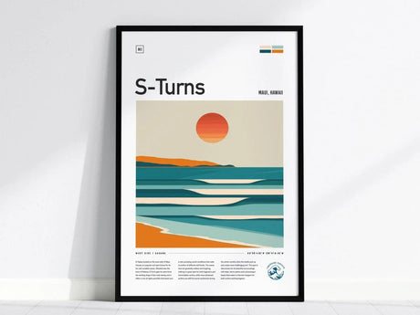 Framed artwork titled S-Turns features a minimalist illustration of ocean waves and a sunset over the horizon, set against a white background. Text reads Maui, Hawaii.