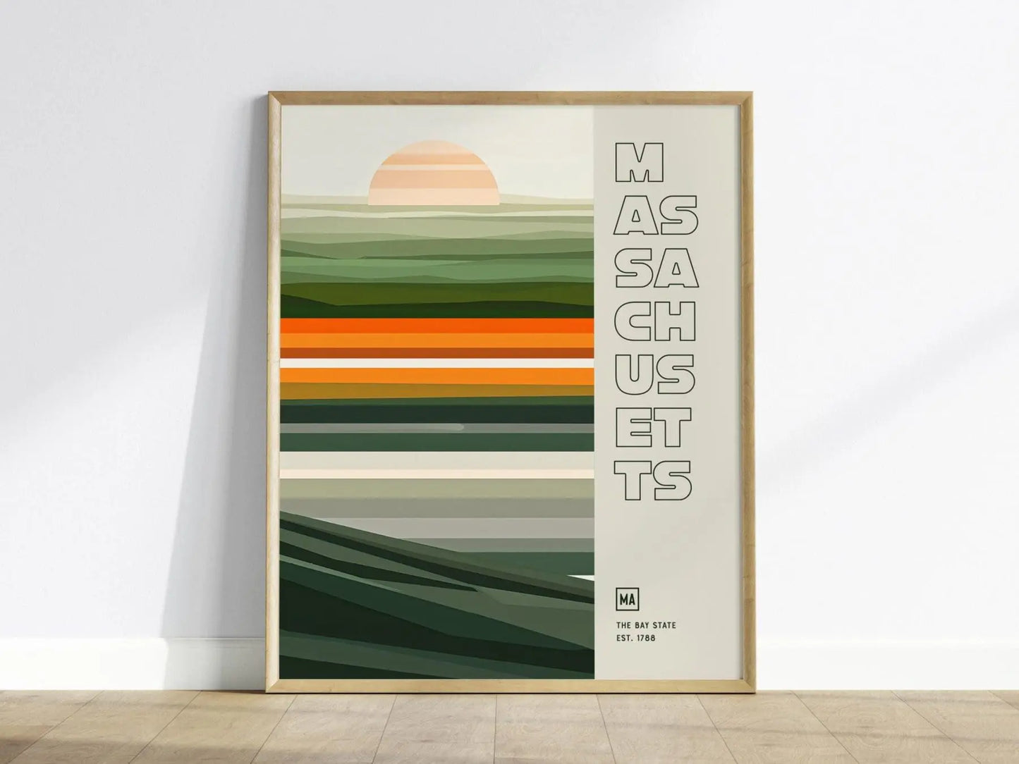 Massachusetts, The Bay State Poster - Abstract Midcentury Modern Art, Available Framed/Unframed, Perfect for Modern Home or Office Decor