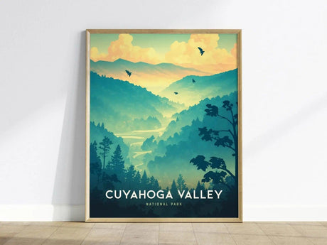 Framed poster of Cuyahoga Valley National Park featuring a vibrant landscape with rolling hills, dense forests, and birds flying against a colorful sky.