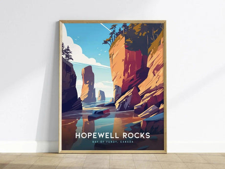 A colorful poster depicting Hopewell Rocks features towering red sandstone cliffs and vibrant blue sky, with trees atop the cliffs. Text reads Hopewell Rocks, Bay of Fundy, Canada.