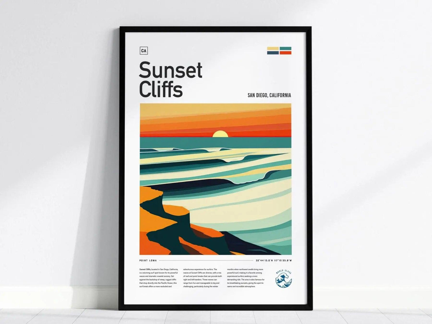 Framed poster depicting a stylized sunset over ocean waves with bold, colorful cliffs in the foreground. Text reads Sunset Cliffs, San Diego, California at the top.