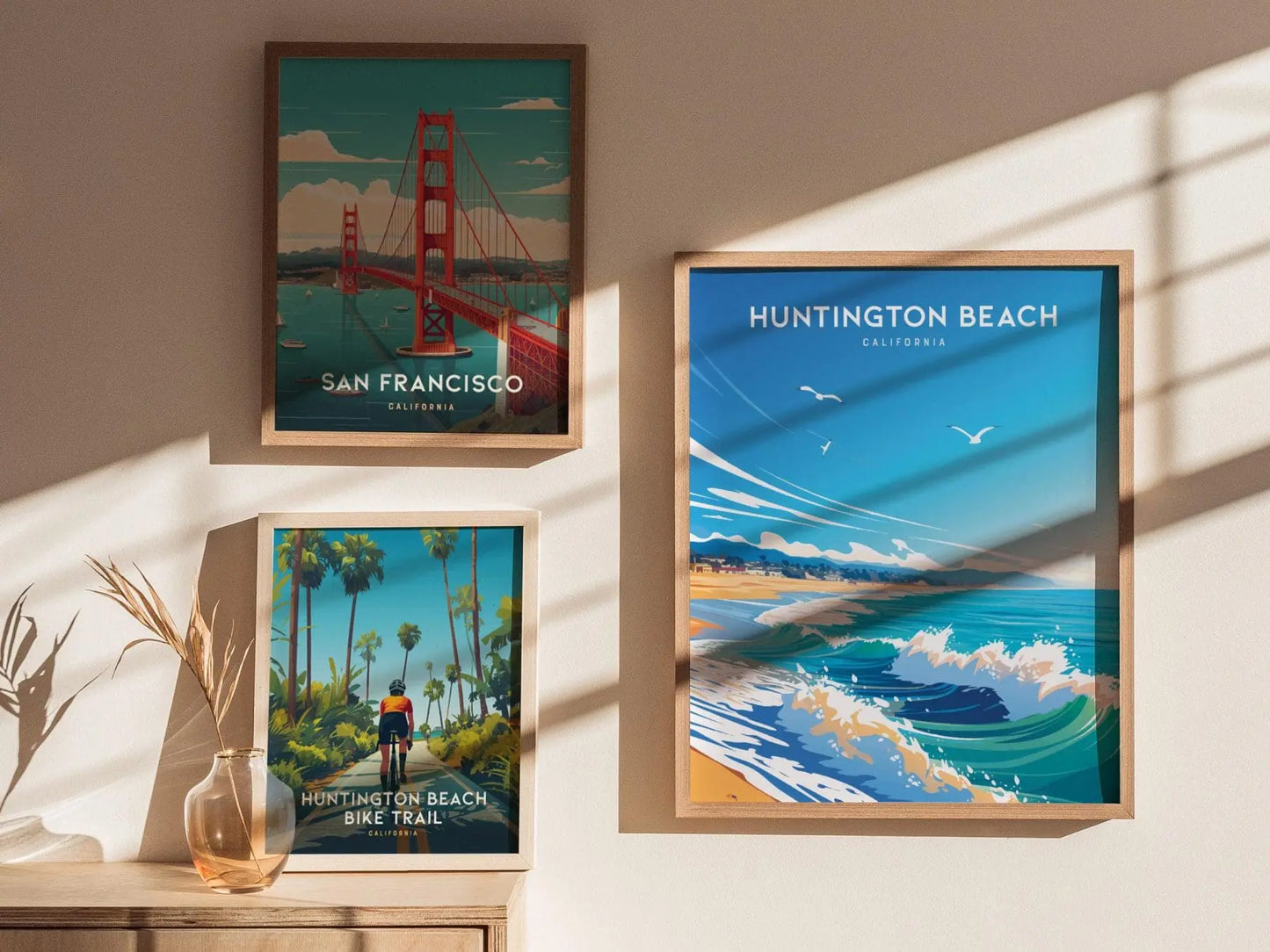 Huntington Beach, California Poster - Vibrant Surf City Scene, Perfect for Home Decor, Available Framed or Unframed, Coastal Home Decor