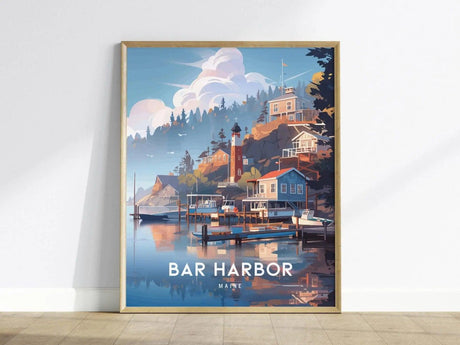 Framed poster of Bar Harbor, Maine, depicting a quaint coastal scene with colorful houses, boats at a dock, and a lighthouse against a backdrop of trees and clouds.