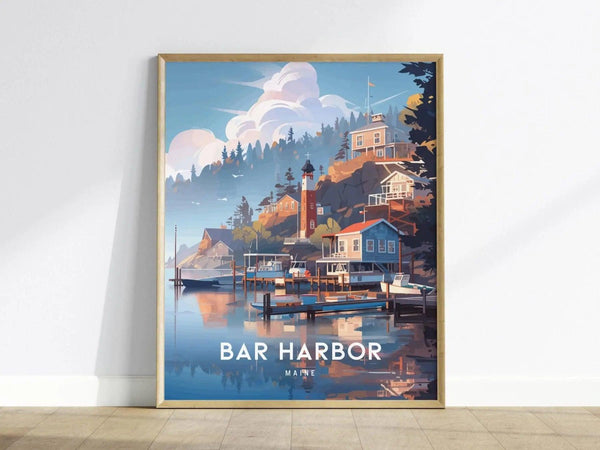 Framed poster of Bar Harbor, Maine, depicting a quaint coastal scene with colorful houses, boats at a dock, and a lighthouse against a backdrop of trees and clouds.