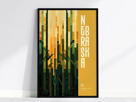 Framed Nebraska Cornhusker State poster featuring abstract green and yellow vertical shapes with the word NEBRASKA in bold white letters. Minimalist design ideal for home or office decor.