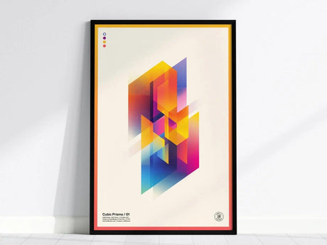 Framed poster featuring vibrant geometric shapes in yellow, orange, blue, and pink, creating an abstract, three-dimensional illusion. The minimalist design is set against a light background.