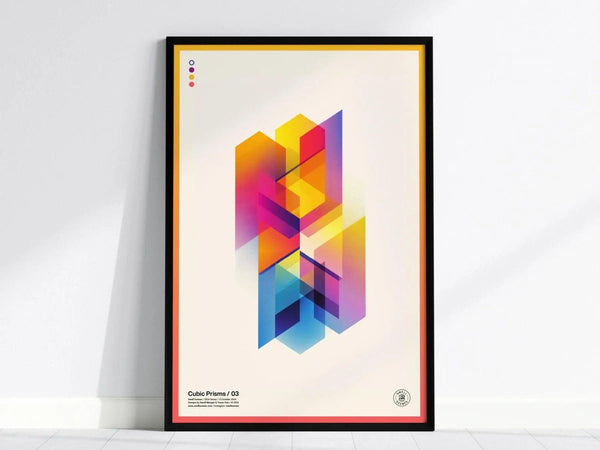 Framed modern abstract poster featuring colorful intersecting prisms with layered transparency on a light background. The design includes vibrant hues of yellow, pink, and blue.