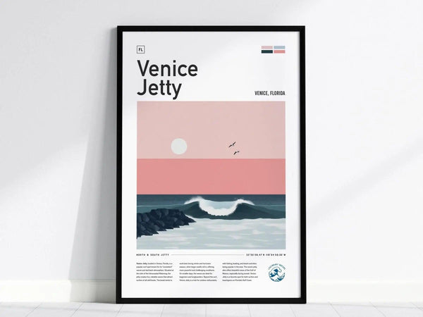 Framed poster featuring a minimalist design of Venice Jetty, with a pastel pink sunset, gentle waves, and birds flying overhead. Text overlays provide additional information about Venice, Florida.