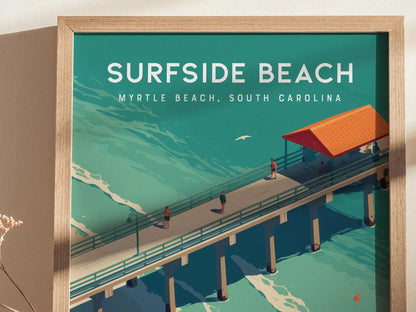 Surfside Pier Myrtle Beach Framed Travel Poster, South Carolina Wall Art Print Poster, Vacation Fishing Grand Strand Cottage Airbnb Decor