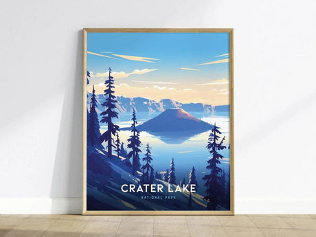 Framed poster of Crater Lake with vibrant blues and purples, featuring pine trees and a calm lake reflecting the sky and surrounding landscape.
