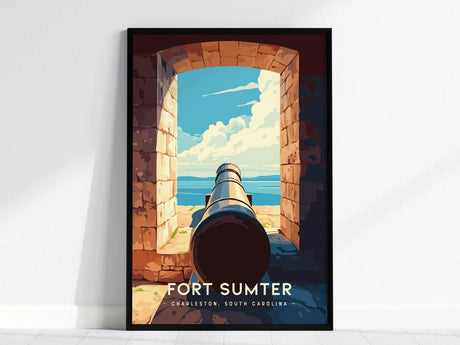 A framed poster depicts a cannon inside Fort Sumter, Charleston, with a vibrant sky and ocean view through an arched stone opening. The text reads Fort Sumter, Charleston, South Carolina.
