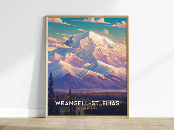 A framed poster of Wrangell-St. Elias National Park depicts dramatic mountain peaks under a vibrant sky with soft clouds, capturing the rugged beauty of Alaskas wilderness.