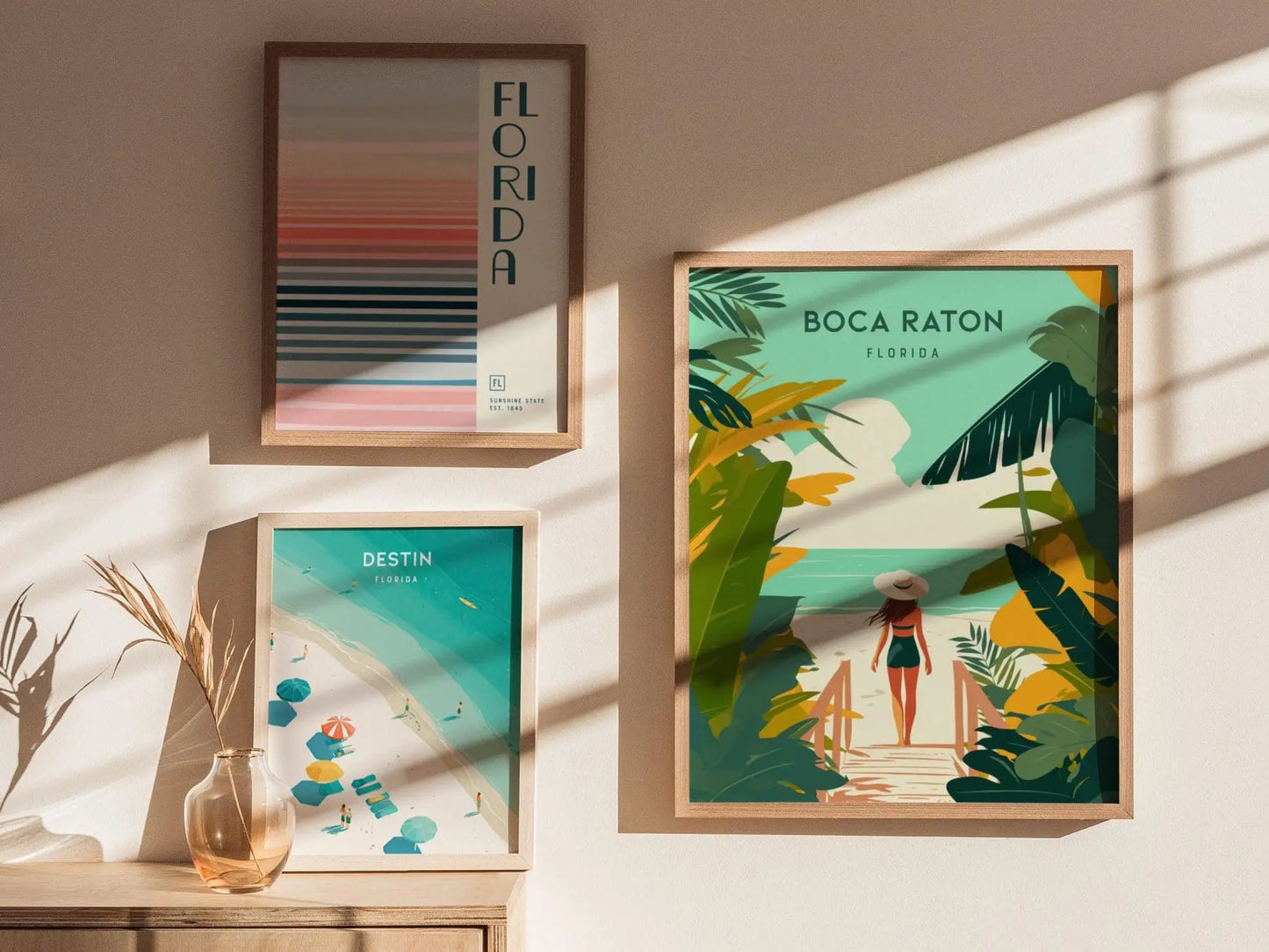 Boca Raton South Florida Framed Wall Art | Ft Lauderdale Delray Travel Poster Print | Surfer Vacation Coastal Beach Cottage Decor Gift