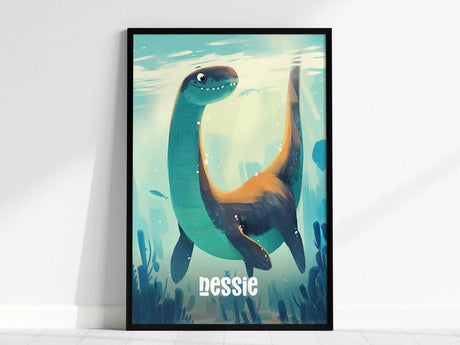 A framed poster featuring a cute, cartoonish Loch Ness Monster swimming underwater. The image is colorful and playful, with the word Nessie at the bottom.