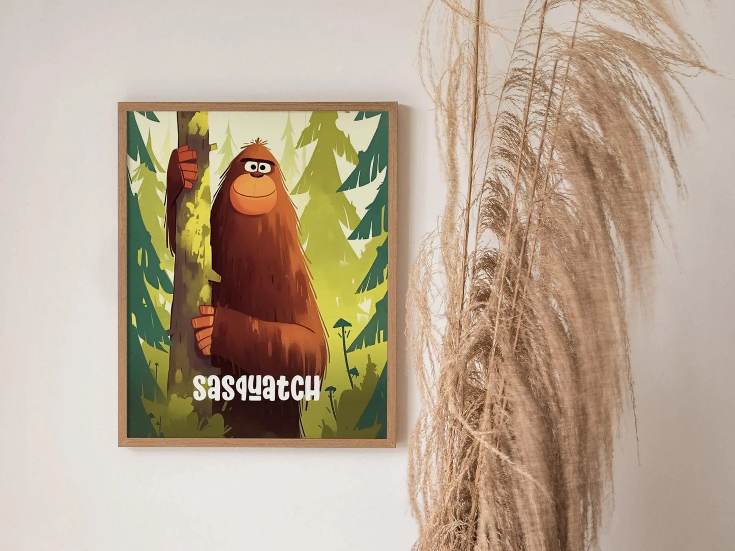 Sasquatch Cute Cryptids Wall Art Series | Bigfoot Kids Room Framed Poster| Children's Illustration Toddler Boys Bedroom Nursery Print