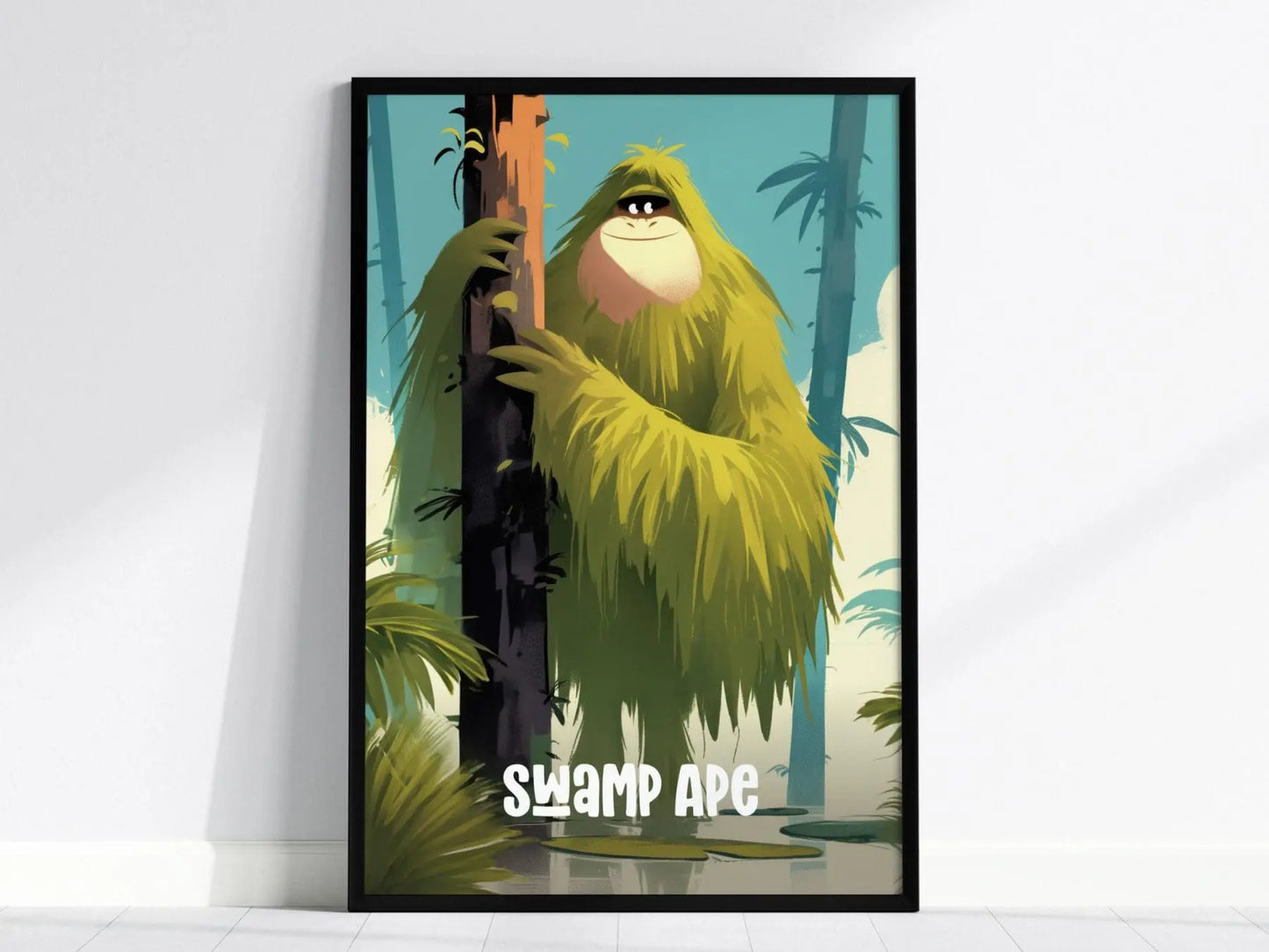 Swamp Ape Cute Cryptids Wall Art Series | Florida Bigfoot Kids Room Framed Poster | Children's Illustration Toddler Boys Bedroom Nursery Print