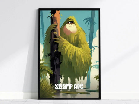 Framed poster featuring a cute, green Swamp Ape character hugging a tree in a lush jungle setting, with the words Swamp Ape at the bottom.